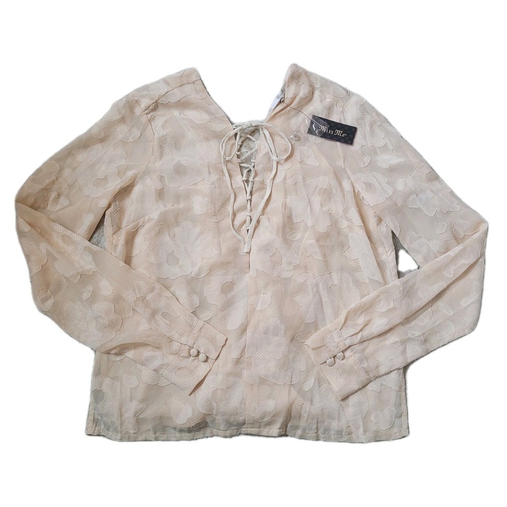 Miss Me NWT Beige Burnout Floral Lace-Up Open Back Top Women Small Western Boho